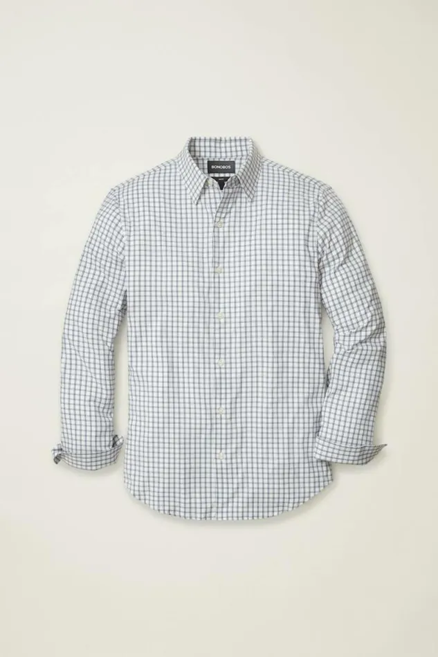 Men Tech Button Down Shirt Navy White Plaid Bonobos Business Casual Shirts