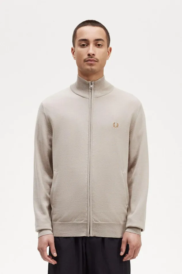 Men Zip Through Cardigan Dark Oatmeal Fred Perry Knitwear
