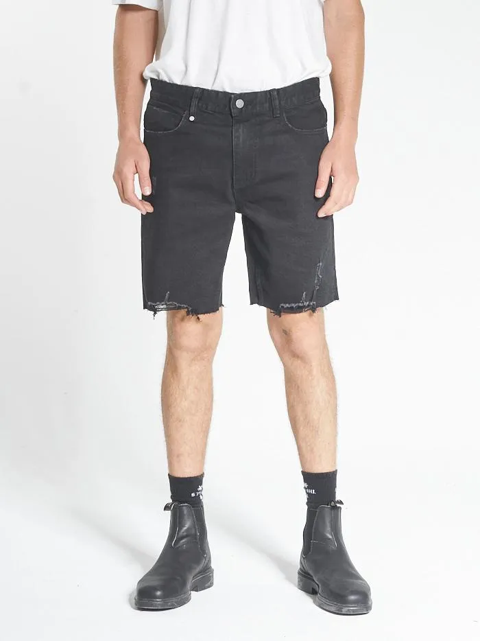 Mens Destroyed Bones Denim Short Black Rinse Thrills Denim Shorts