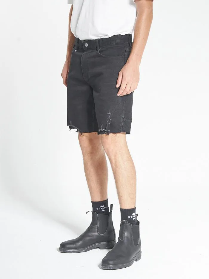 Mens Destroyed Bones Denim Short Black Rinse Thrills Denim Shorts