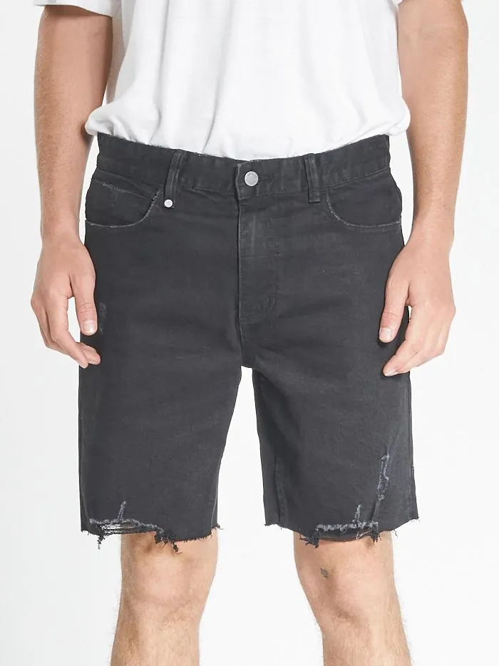 Mens Destroyed Bones Denim Short Black Rinse Thrills Denim Shorts