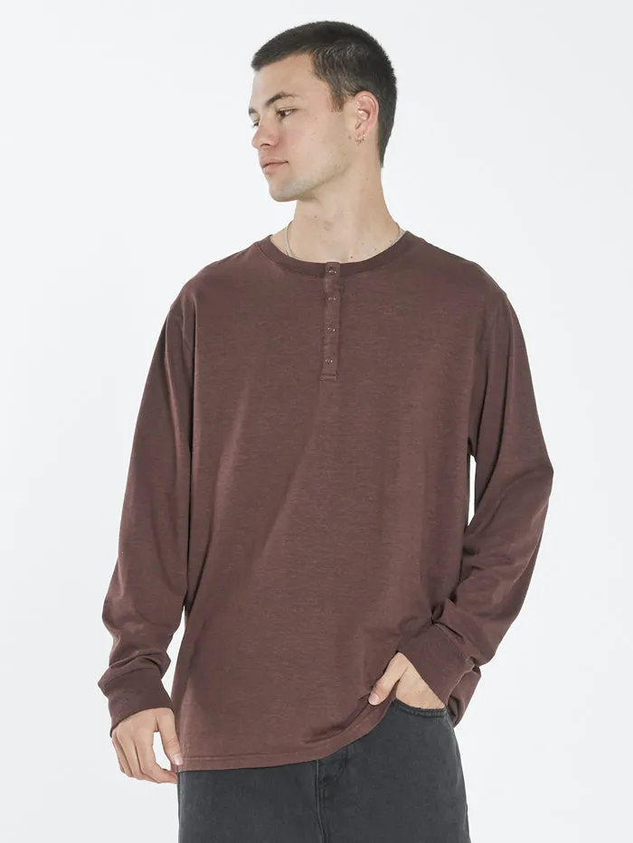 Mens Hemp Liste Long Sleeve Henley Washed Cocoa Thrills Tees and Tank Tops