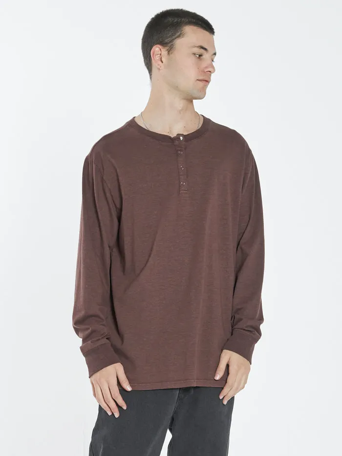Mens Hemp Liste Long Sleeve Henley Washed Cocoa Thrills Tees and Tank Tops