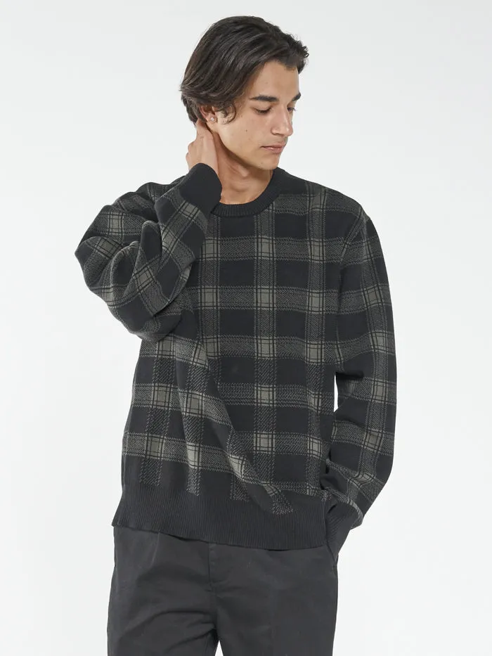 Mens Now Then Crew Knit Oil Green Thrills Sweaters and Fleece
