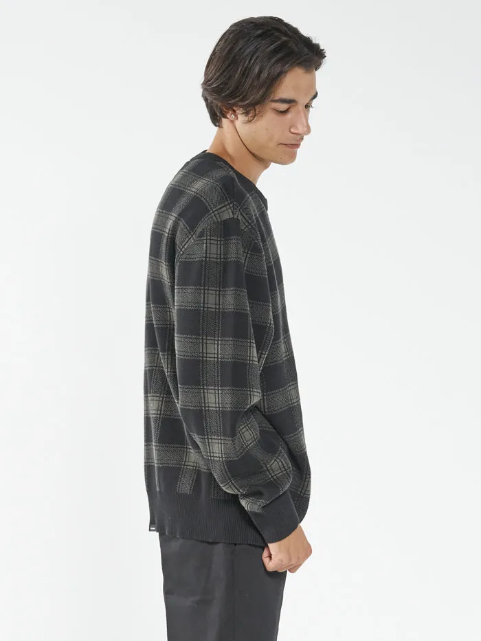 Mens Now Then Crew Knit Oil Green Thrills Sweaters and Fleece