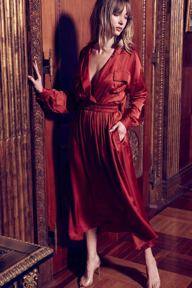 MISA Los Angeles BLAIR DRESS Burnt Orange Satin Women Dresses
