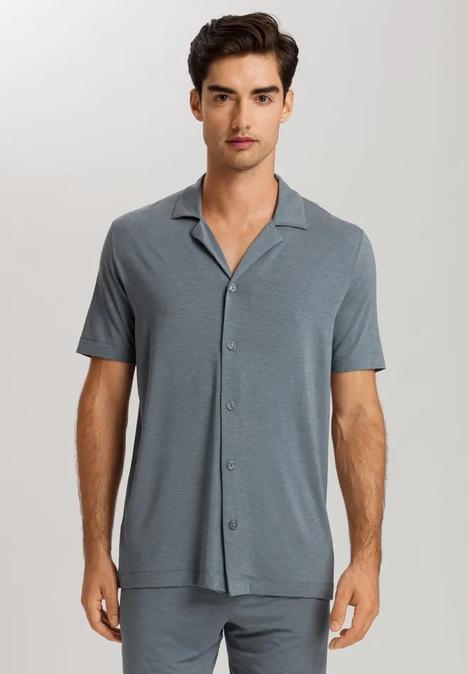 Notch Collar Button Front Shirt Ocean Melange Men HANRO Tops and Tees