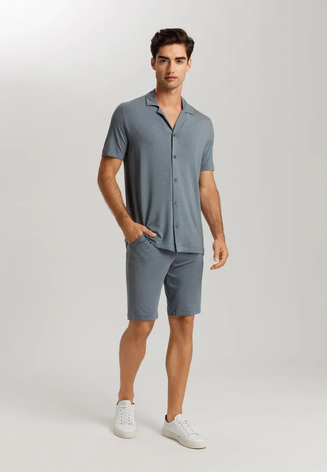 Notch Collar Button Front Shirt Ocean Melange Men HANRO Tops and Tees