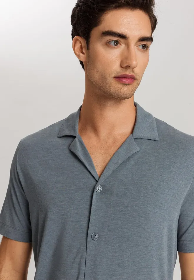 Notch Collar Button Front Shirt Ocean Melange Men HANRO Tops and Tees