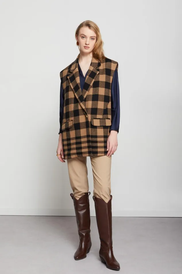 Ottod039Ame Woolblend Checked Sleveless Jacket Women Blazers and Jackets