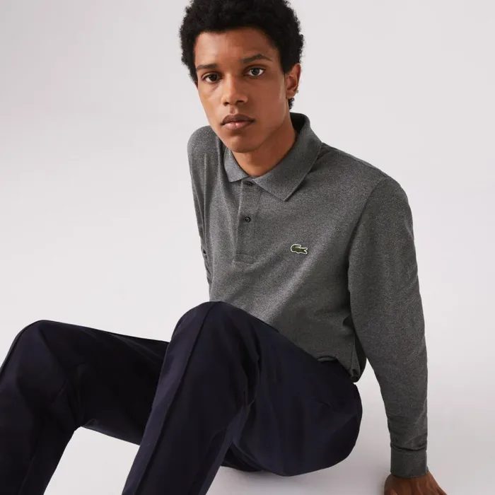 Polos Men Lacoste Men039s Long Sleeve Heathered Cotton Polo Dark Grey E8g