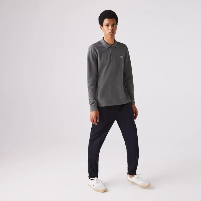 Polos Men Lacoste Men039s Long Sleeve Heathered Cotton Polo Dark Grey E8g