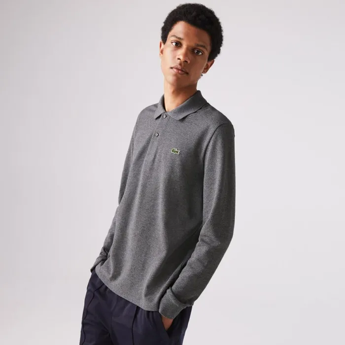 Polos Men Lacoste Men039s Long Sleeve Heathered Cotton Polo Dark Grey E8g