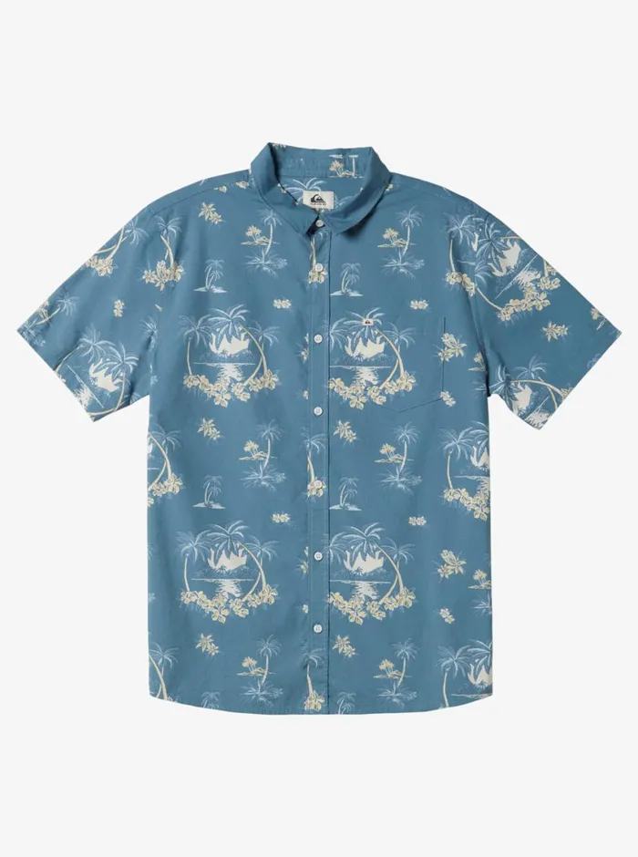 Quiksilver Palm Spritz Short Sleeve Woven Shirt Agean Blue Palm Spritz Mens Shirts and Polos