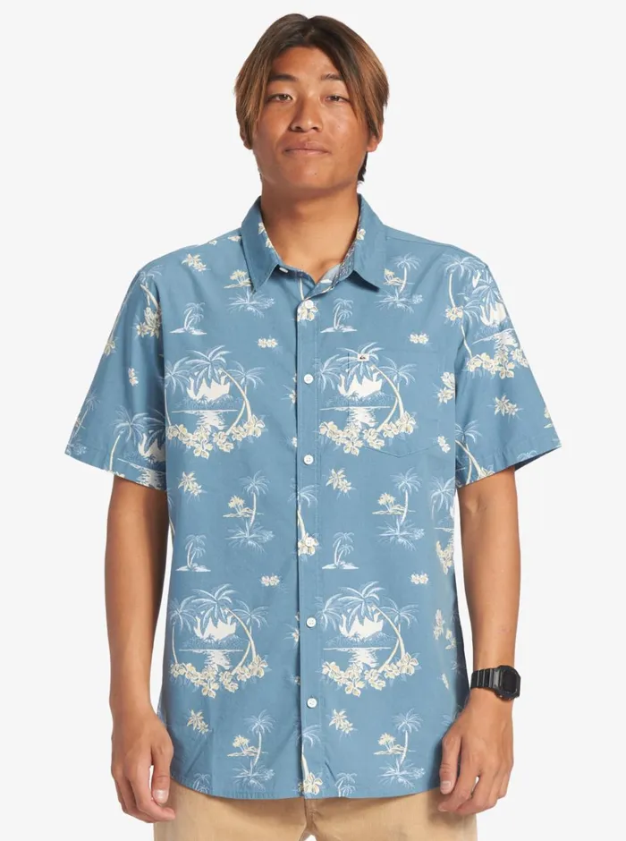 Quiksilver Palm Spritz Short Sleeve Woven Shirt Agean Blue Palm Spritz Mens Shirts and Polos Quiksilver Palm Spritz Short Sleeve Woven Shirt Agean Blue Palm Spritz Mens Shirts and Polos