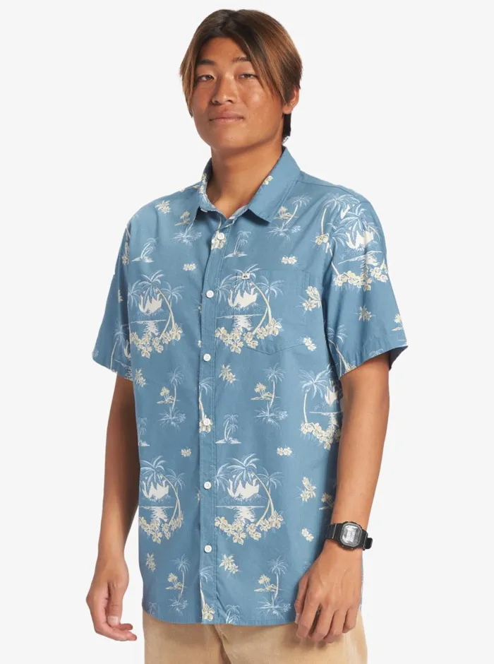 Quiksilver Palm Spritz Short Sleeve Woven Shirt Agean Blue Palm Spritz Mens Shirts and Polos Quiksilver Palm Spritz Short Sleeve Woven Shirt Agean Blue Palm Spritz Mens Shirts and Polos