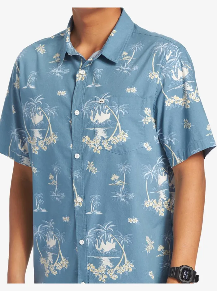 Quiksilver Palm Spritz Short Sleeve Woven Shirt Agean Blue Palm Spritz Mens Shirts and Polos Quiksilver Palm Spritz Short Sleeve Woven Shirt Agean Blue Palm Spritz Mens Shirts and Polos
