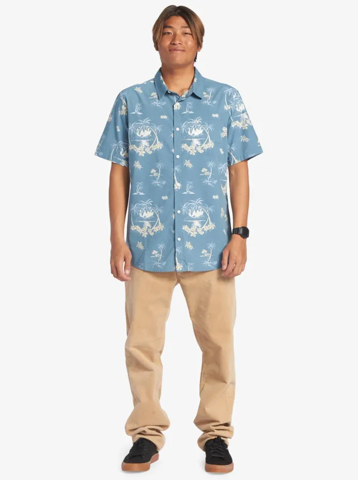 Quiksilver Palm Spritz Short Sleeve Woven Shirt Agean Blue Palm Spritz Mens Shirts and Polos Quiksilver Palm Spritz Short Sleeve Woven Shirt Agean Blue Palm Spritz Mens Shirts and Polos