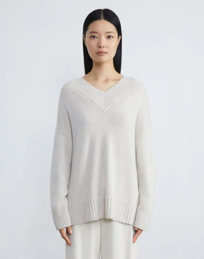 Ready To Wear Cashmere Ribbed VNeck Sweater Buff Melange Lafayette 148 New York Sweaters and Knits