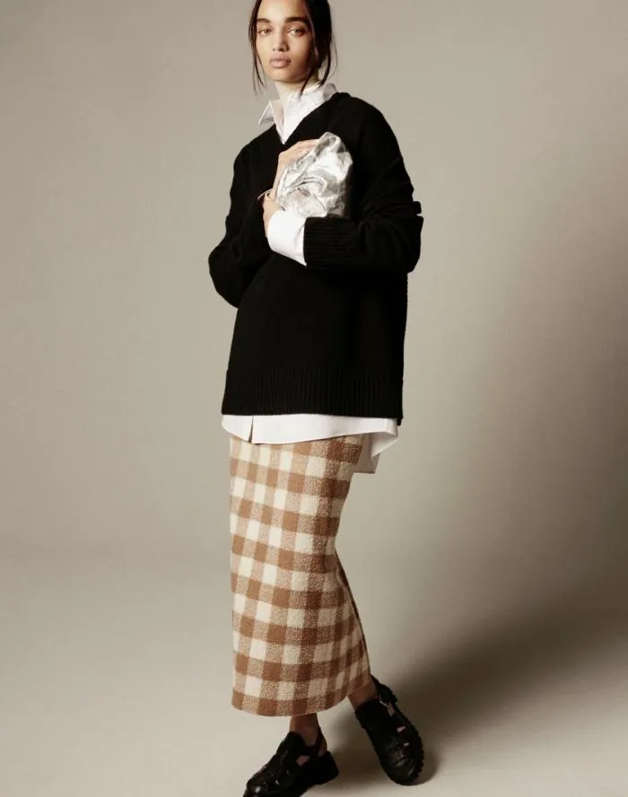 Ready To Wear Gingham Wool Maxi Pencil Skirt Camel Multi Lafayette 148 New York Skirts