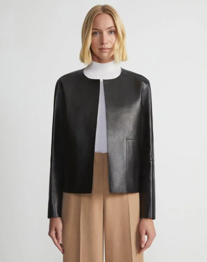 Ready To Wear Nappa Leather Collarless Open Front Jacket Black Lafayette 148 New York Leathers and Suedes