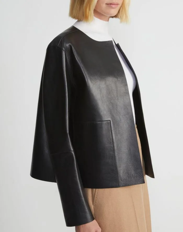 Ready To Wear Nappa Leather Collarless Open Front Jacket Black Lafayette 148 New York Leathers and Suedes