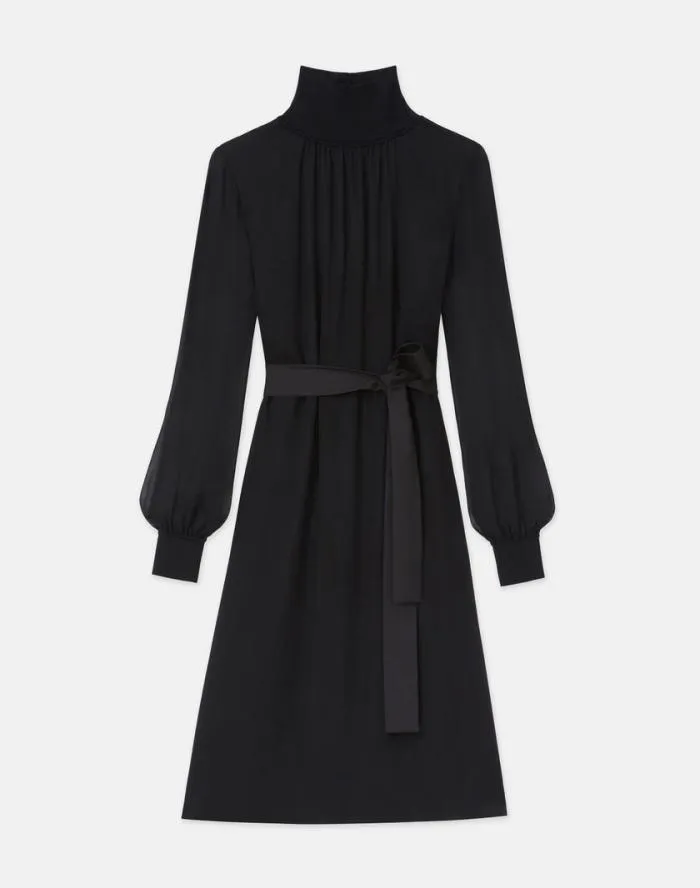 Ready To Wear Opaque and Sheer Silk Turtleneck Dress Black Lafayette 148 New York Dresses
