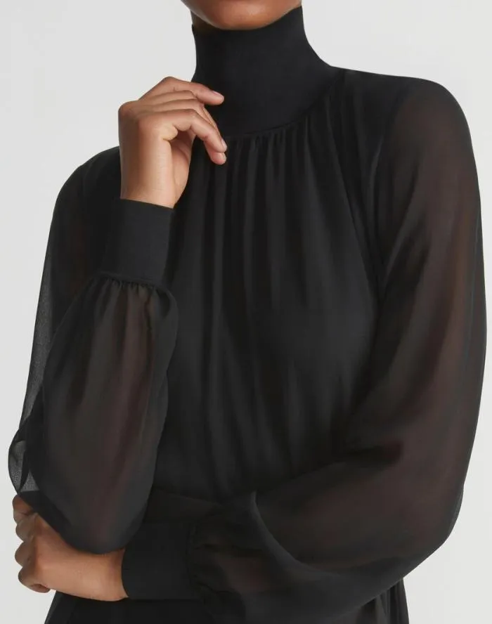 Ready To Wear Opaque and Sheer Silk Turtleneck Dress Black Lafayette 148 New York Dresses Ready To Wear Opaque and Sheer Silk Turtleneck Dress Black Lafayette 148 New York Dresses