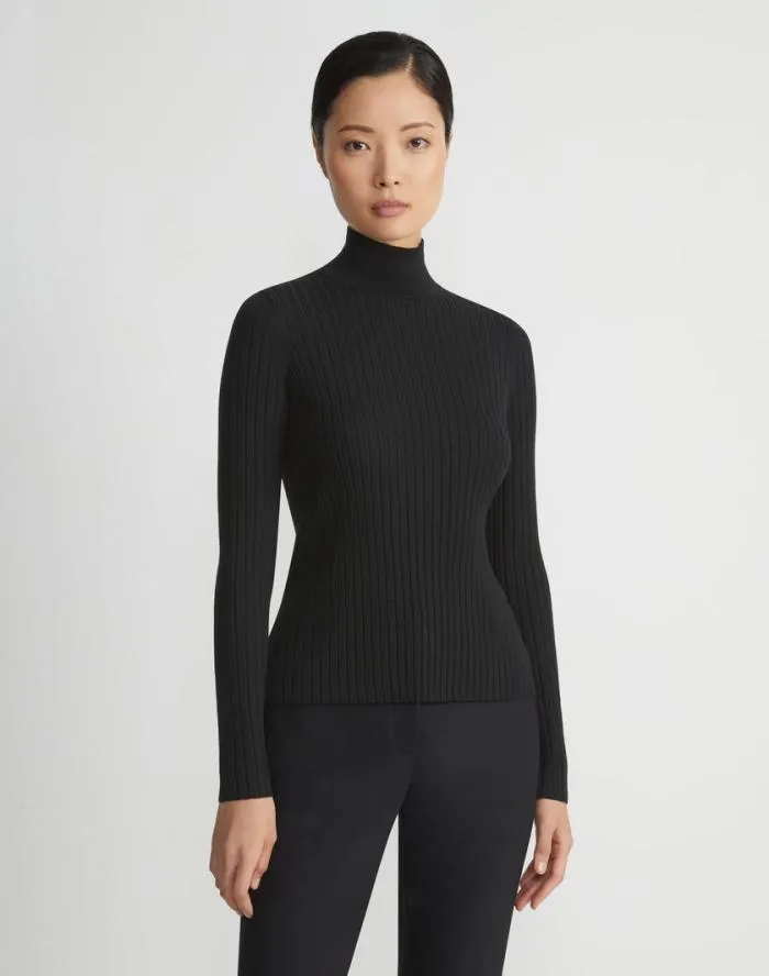 Ready To Wear Responsible Fine Gauge Merino Ribbed Mockneck Sweater Black Lafayette 148 New York Sweaters and Knits