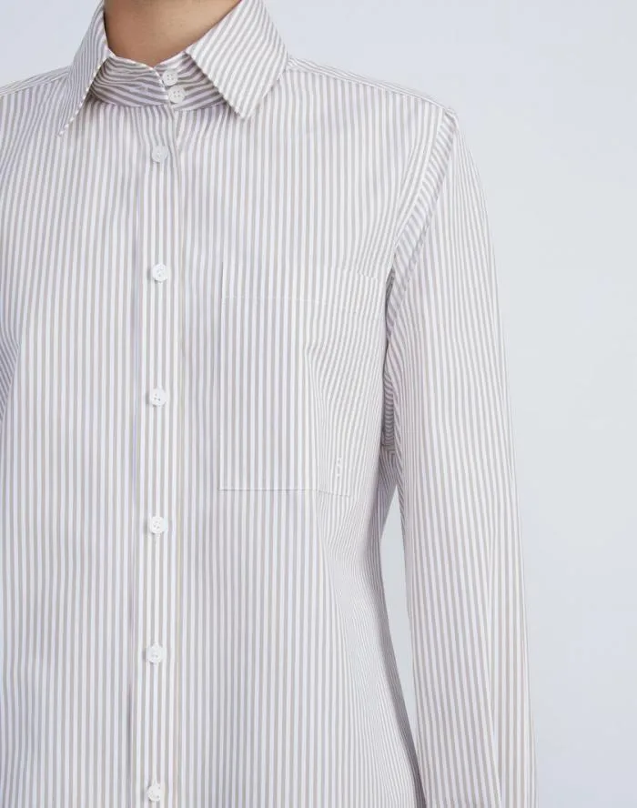 Ready To Wear Stripe Cotton High Collar Shirt Oat Multi Lafayette 148 New York Blouses and Shirts