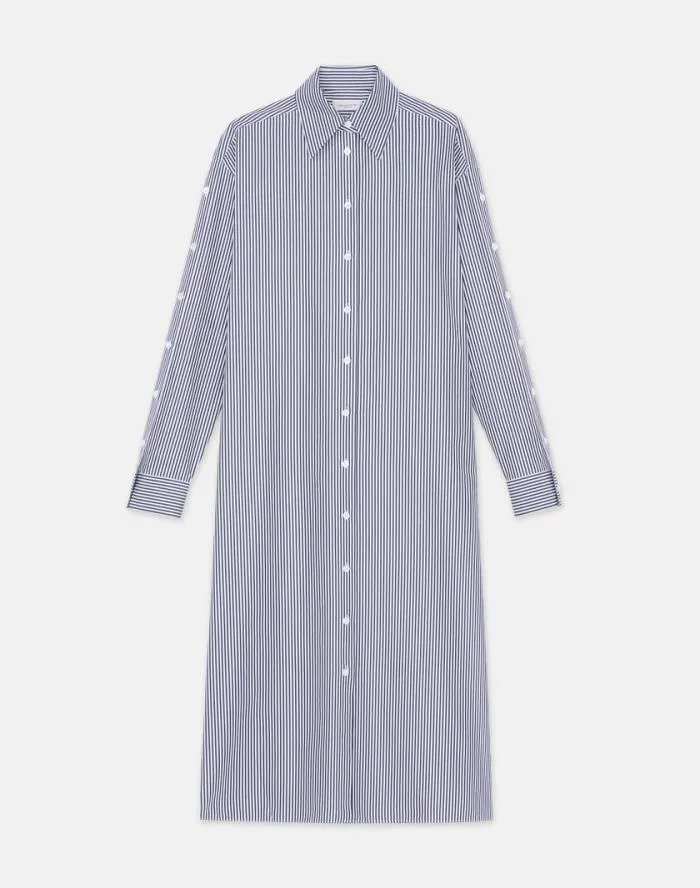 Ready To Wear Stripe Cotton Poplin Button Sleeve Oversized Shirtdress Midnight Blue Multi Lafayette 148 New York Dresses