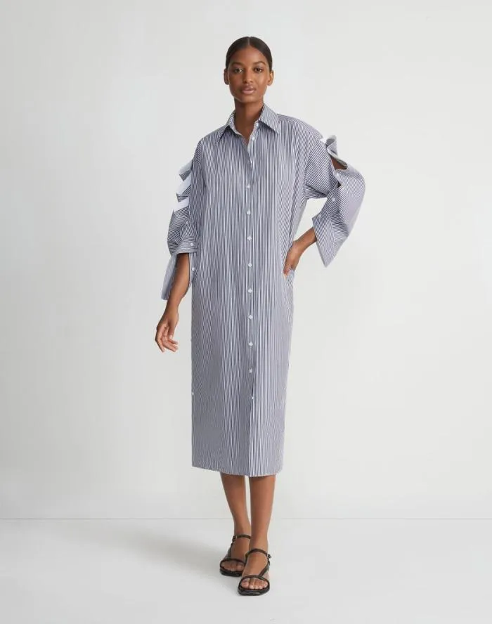 Ready To Wear Stripe Cotton Poplin Button Sleeve Oversized Shirtdress Midnight Blue Multi Lafayette 148 New York Dresses