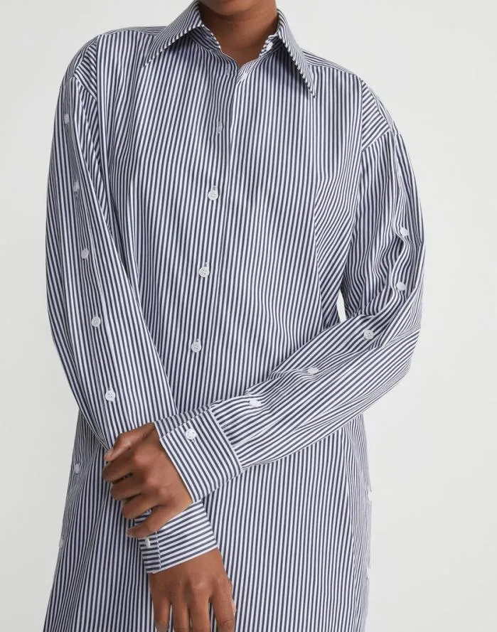 Ready To Wear Stripe Cotton Poplin Button Sleeve Oversized Shirtdress Midnight Blue Multi Lafayette 148 New York Dresses
