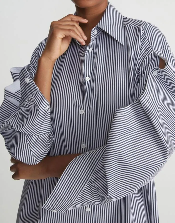 Ready To Wear Stripe Cotton Poplin Button Sleeve Oversized Shirtdress Midnight Blue Multi Lafayette 148 New York Dresses
