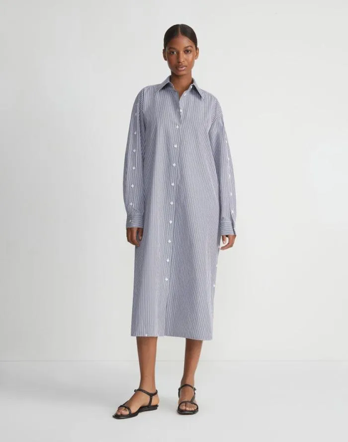 Ready To Wear Stripe Cotton Poplin Button Sleeve Oversized Shirtdress Midnight Blue Multi Lafayette 148 New York Dresses