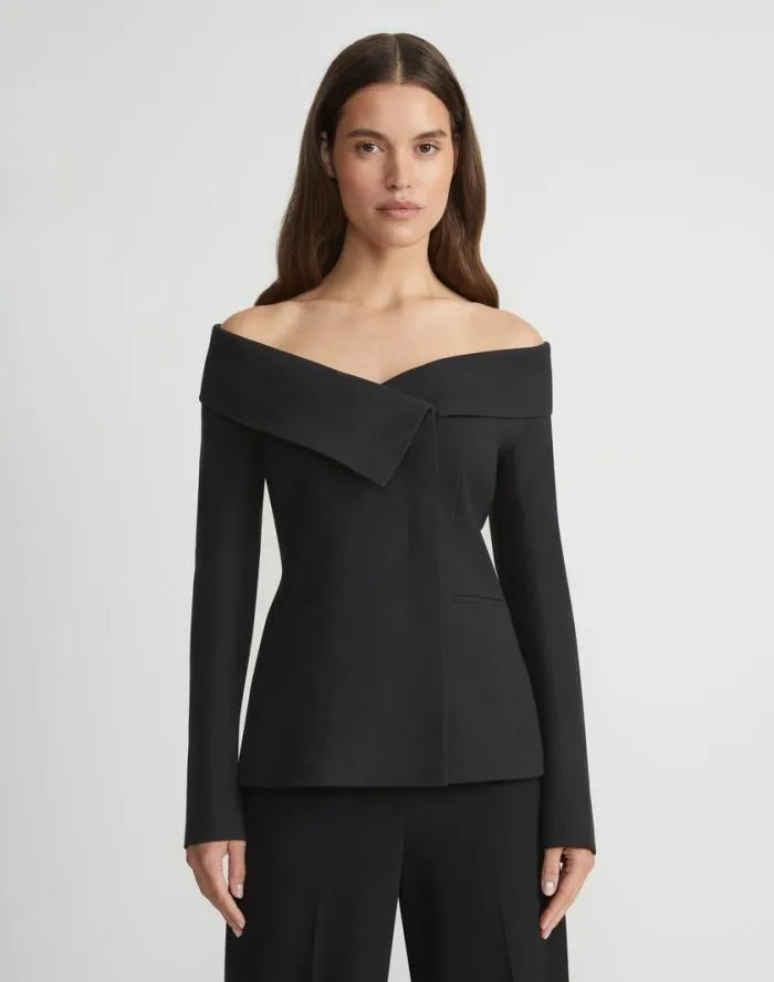 Ready To Wear WoolSilk Crepe Portrait Collar Jacket Black Lafayette 148 New York Jackets and Blazers