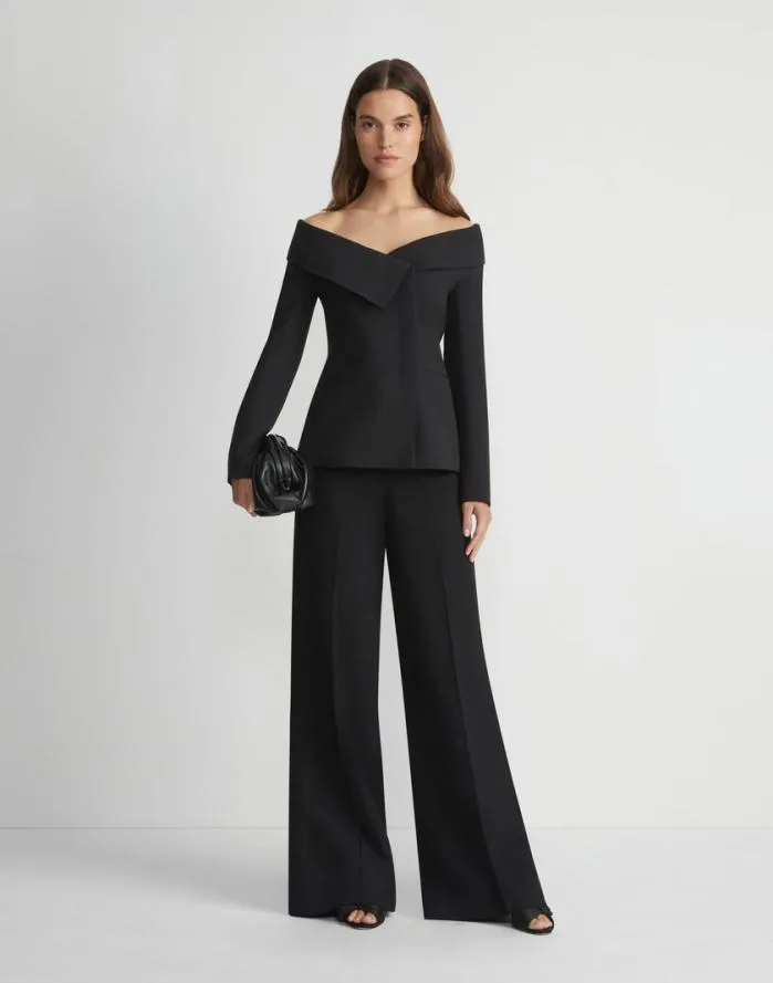 Ready To Wear WoolSilk Crepe Portrait Collar Jacket Black Lafayette 148 New York Jackets and Blazers