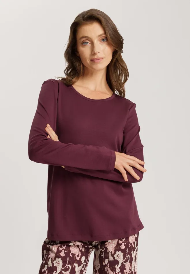 Relaxed Round Neck Cotton Top Deep Maroon Women HANRO Pajama Tops