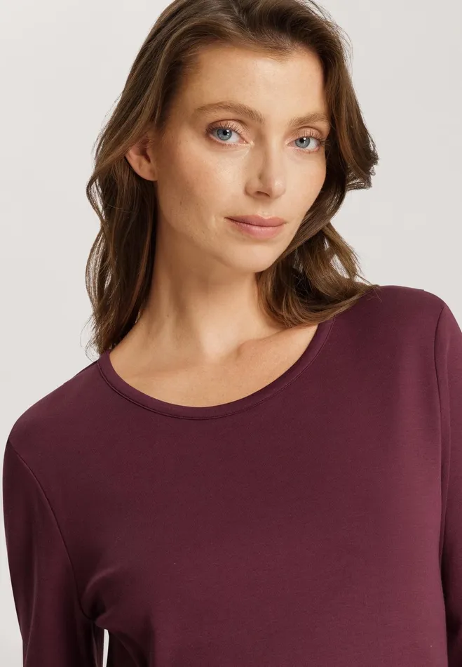 Relaxed Round Neck Cotton Top Deep Maroon Women HANRO Pajama Tops