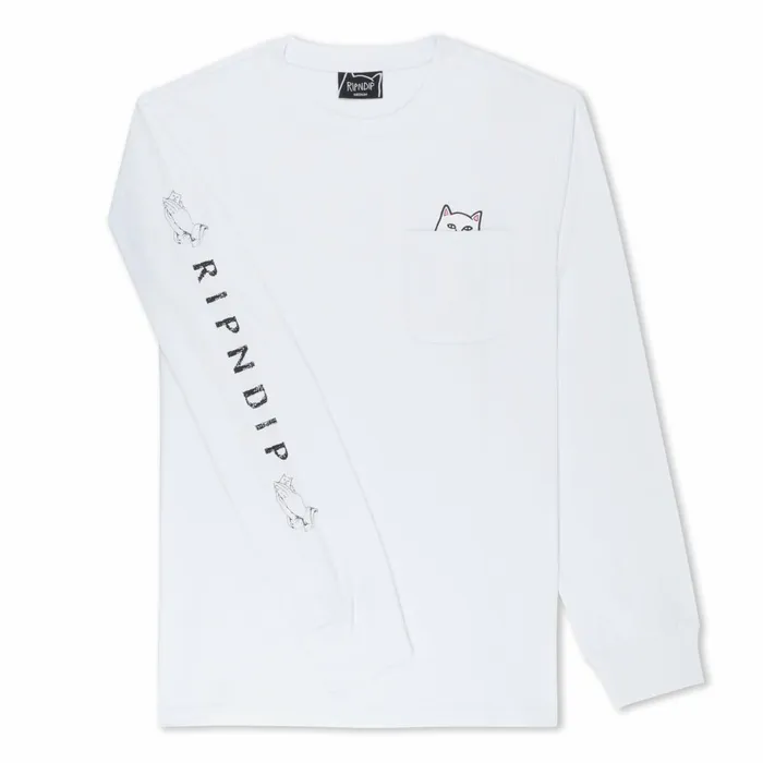 Ripndip Lord Nermal LS Pocket Tee White Long Sleeve Tees Ripndip Lord Nermal LS Pocket Tee White Long Sleeve Tees