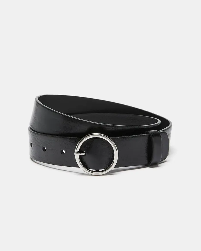 RWandCO Belts Leather Belt With Round Buckle Black 8211 Women