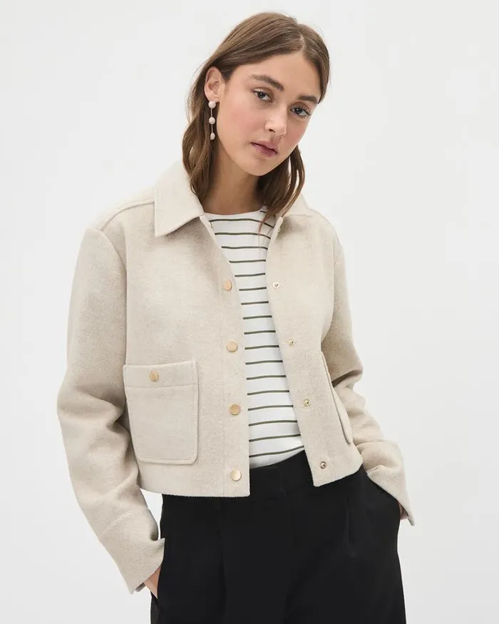 RWandCO Coats and Jackets Textured Twill Cropped Shacket Beige Mix 8211 Women