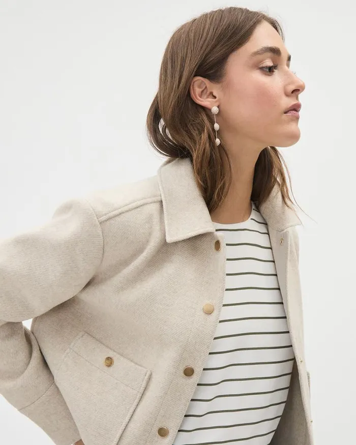 RWandCO Coats and Jackets Textured Twill Cropped Shacket Beige Mix 8211 Women RWandCO Coats and Jackets Textured Twill Cropped Shacket Beige Mix 8211 Women