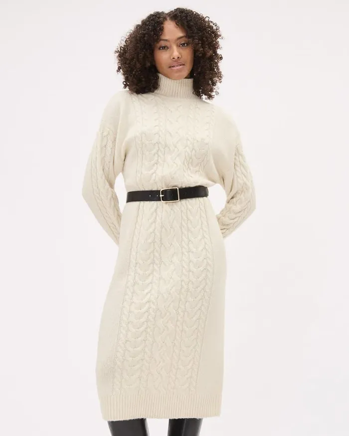 RWandCO Dresses LongSleeve TurtleNeck Straight Midi Dress With Cable Stitches Birch 8211 Women RWandCO Dresses LongSleeve TurtleNeck Straight Midi Dress With Cable Stitches Birch 8211 Women