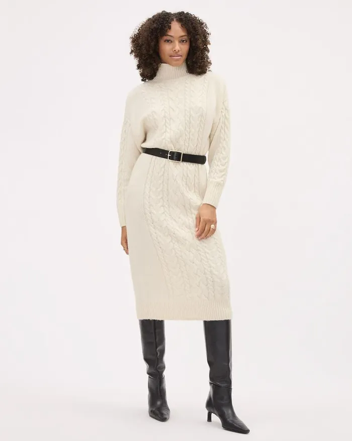 RWandCO Dresses LongSleeve TurtleNeck Straight Midi Dress With Cable Stitches Birch 8211 Women RWandCO Dresses LongSleeve TurtleNeck Straight Midi Dress With Cable Stitches Birch 8211 Women