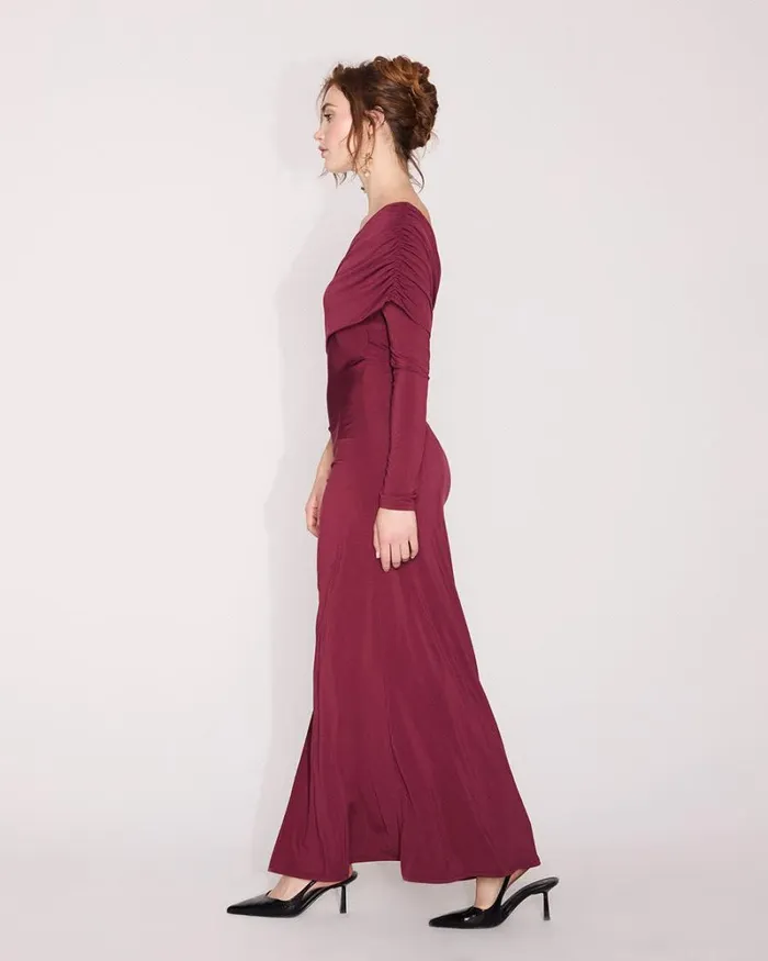 RWandCO Dresses OneSleeve Maxi Dress With Draped Neckline Burgundy 8211 Women RWandCO Dresses OneSleeve Maxi Dress With Draped Neckline Burgundy 8211 Women