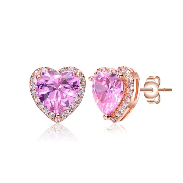 RWandCO Earrings Genevive Sterling Silver 18K Rose Plated With Pink Cubic Zirconia Heart Stud Earrings Medium Pink 8211 Women