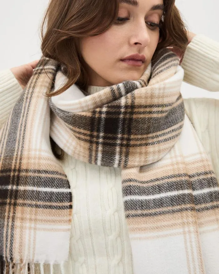 RWandCO Hats Gloves and Scarves Plaid Large Scarf With Fringes Camel Geo Multi 8211 Women RWandCO Hats Gloves and Scarves Plaid Large Scarf With Fringes Camel Geo Multi 8211 Women