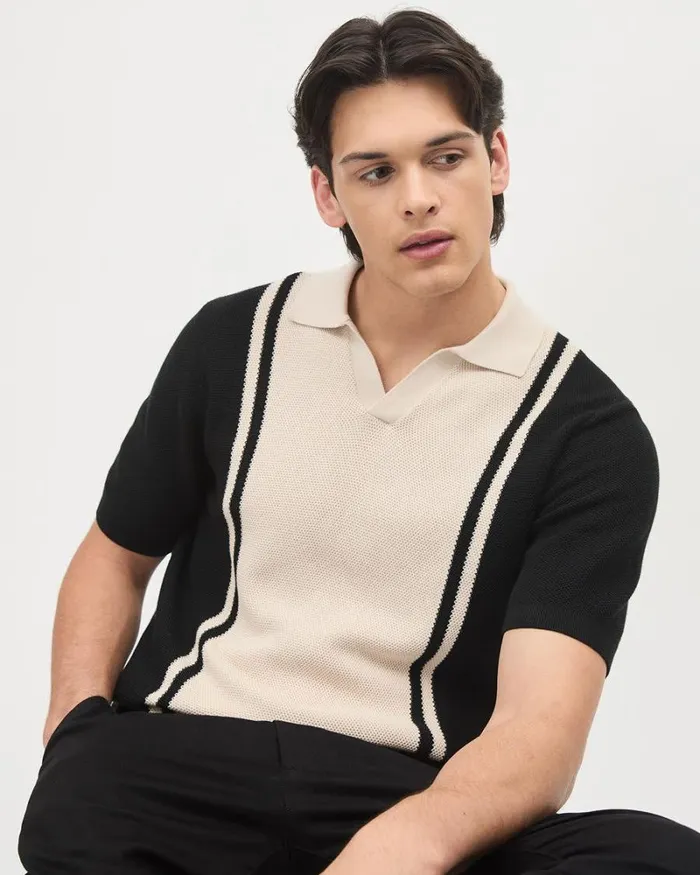 RWandCO Polos ShortSleeve Cotton Polo Sweater With Johnny Collar Black Blond Wood 8211 Men RWandCO Polos ShortSleeve Cotton Polo Sweater With Johnny Collar Black Blond Wood 8211 Men