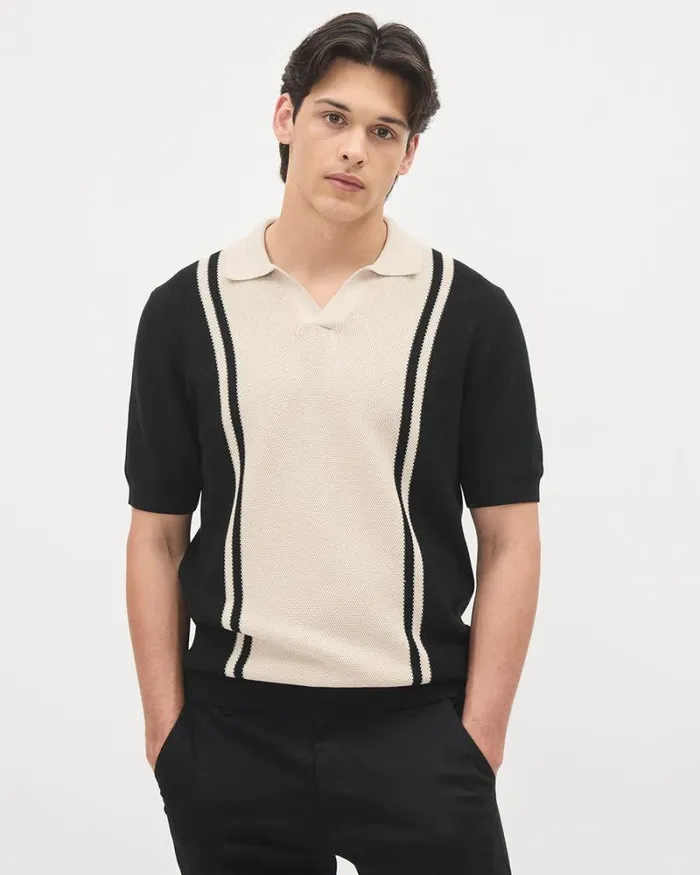 RWandCO Polos ShortSleeve Cotton Polo Sweater With Johnny Collar Black Blond Wood 8211 Men RWandCO Polos ShortSleeve Cotton Polo Sweater With Johnny Collar Black Blond Wood 8211 Men